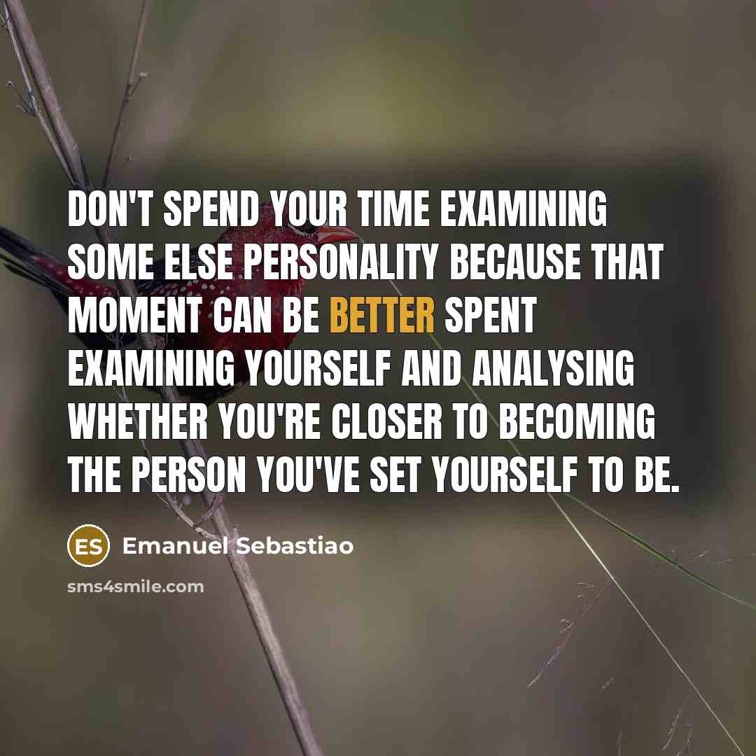 “Don't spend your time examining some else personality because that moment can be better spent examining yourself and analysing whether you're closer to becoming the person you've set yourself to be.” quote by Emanuel Sebastiao