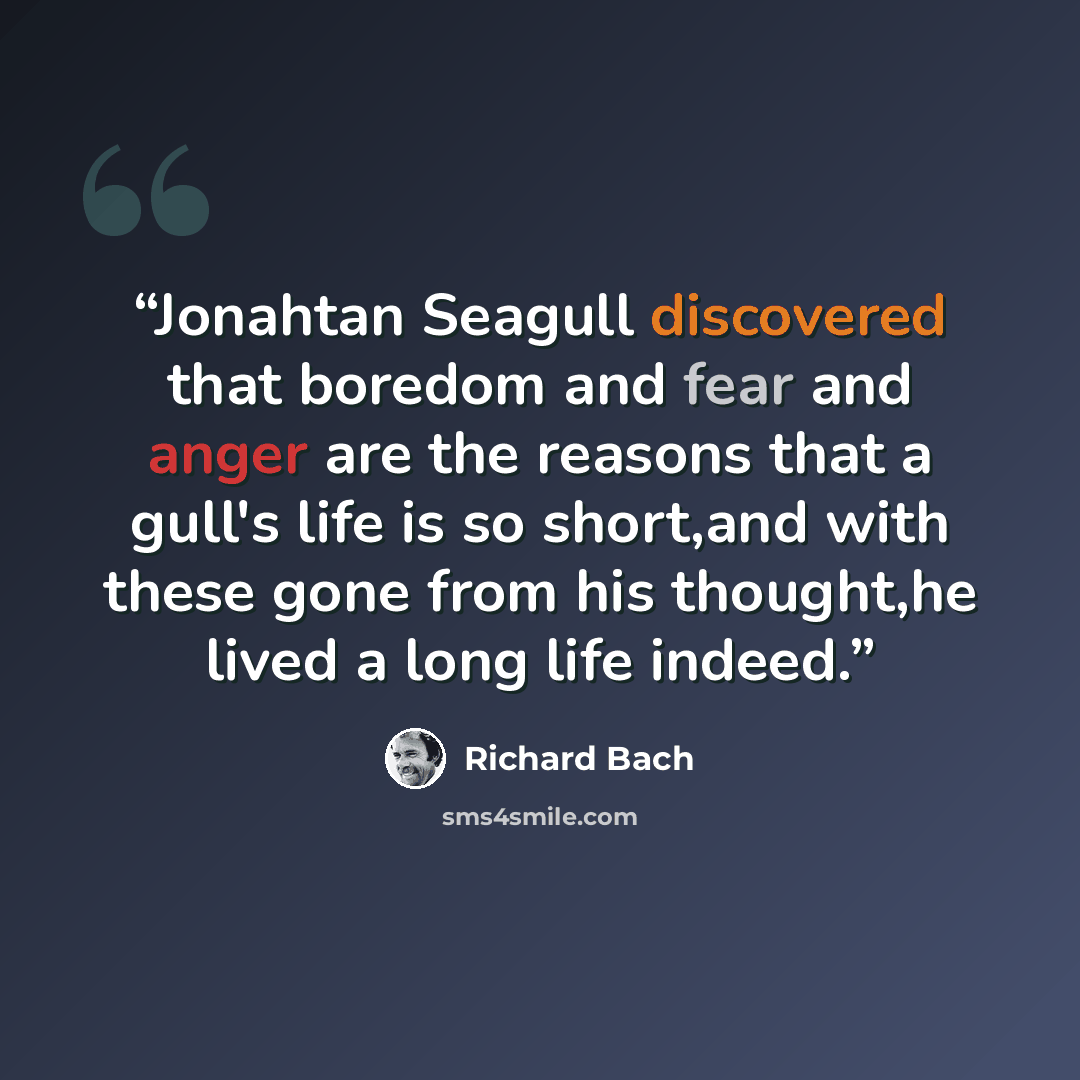 “Jonahtan Seagull discovered that boredom and fear and anger are the reasons that a gull's life is so short,and with these gone from his thought,he lived a long life indeed.” quote by Richard Bach