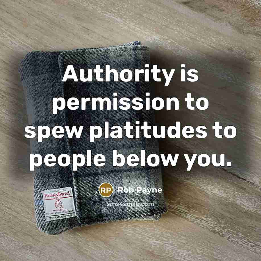 “Authority is permission to spew platitudes to people below you.” quote by Rob Payne