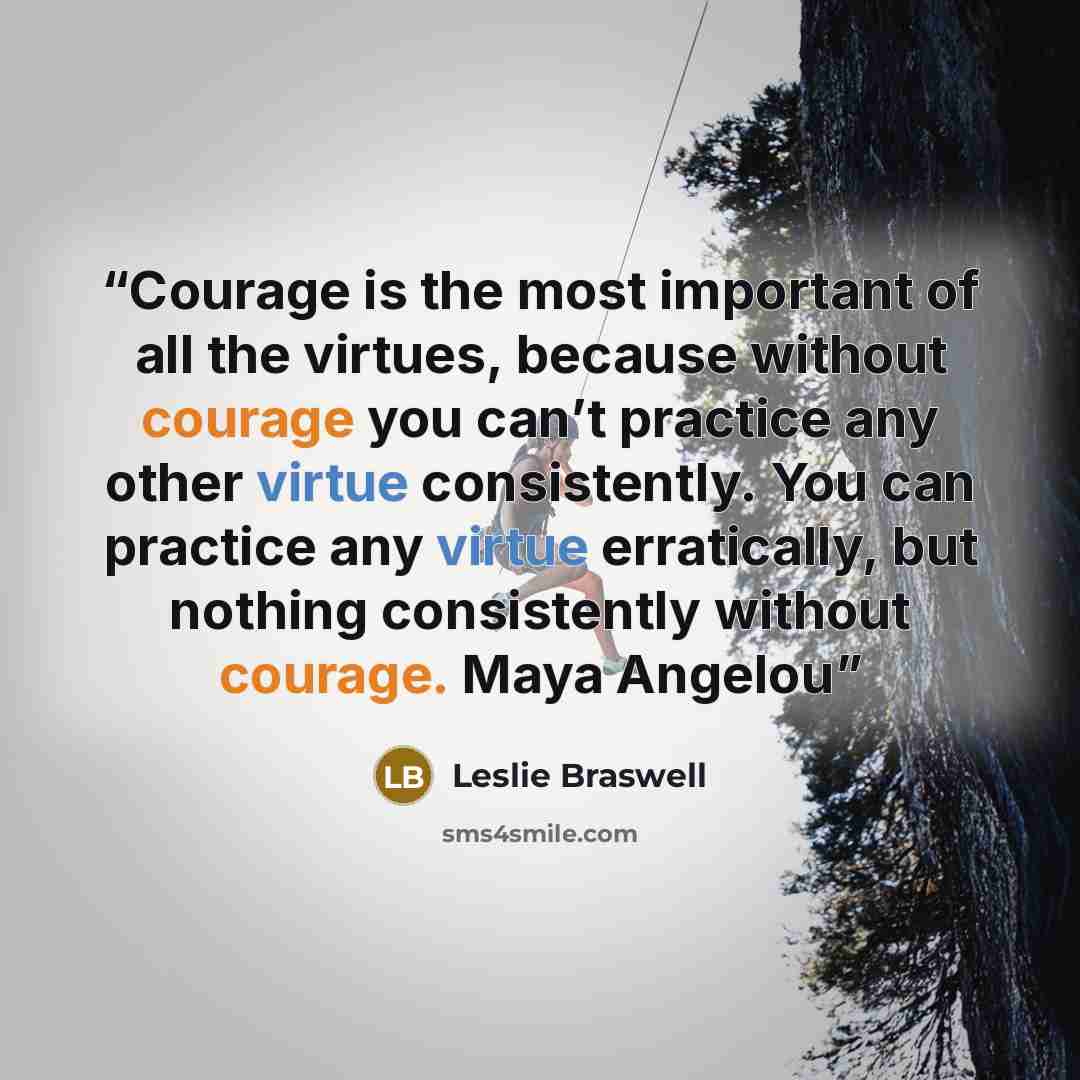 “Courage is the most important of all the virtues, because without courage you can’t practice any other virtue consistently. You can practice any virtue erratically, but nothing consistently without courage. Maya Angelou” quote by Leslie Braswell