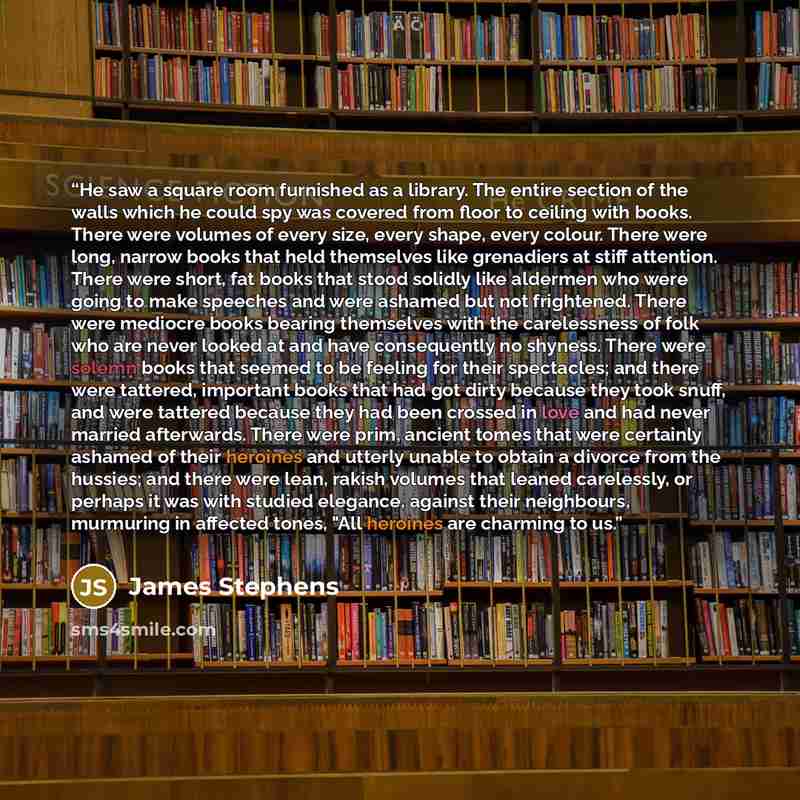 “He saw a square room furnished as a library. The entire section of the walls which he could spy was covered from floor to ceiling with books. There were volumes of every size, every shape, every colour. There were long, narrow books that held themselves like grenadiers at stiff attention. There…” quote by James Stephens