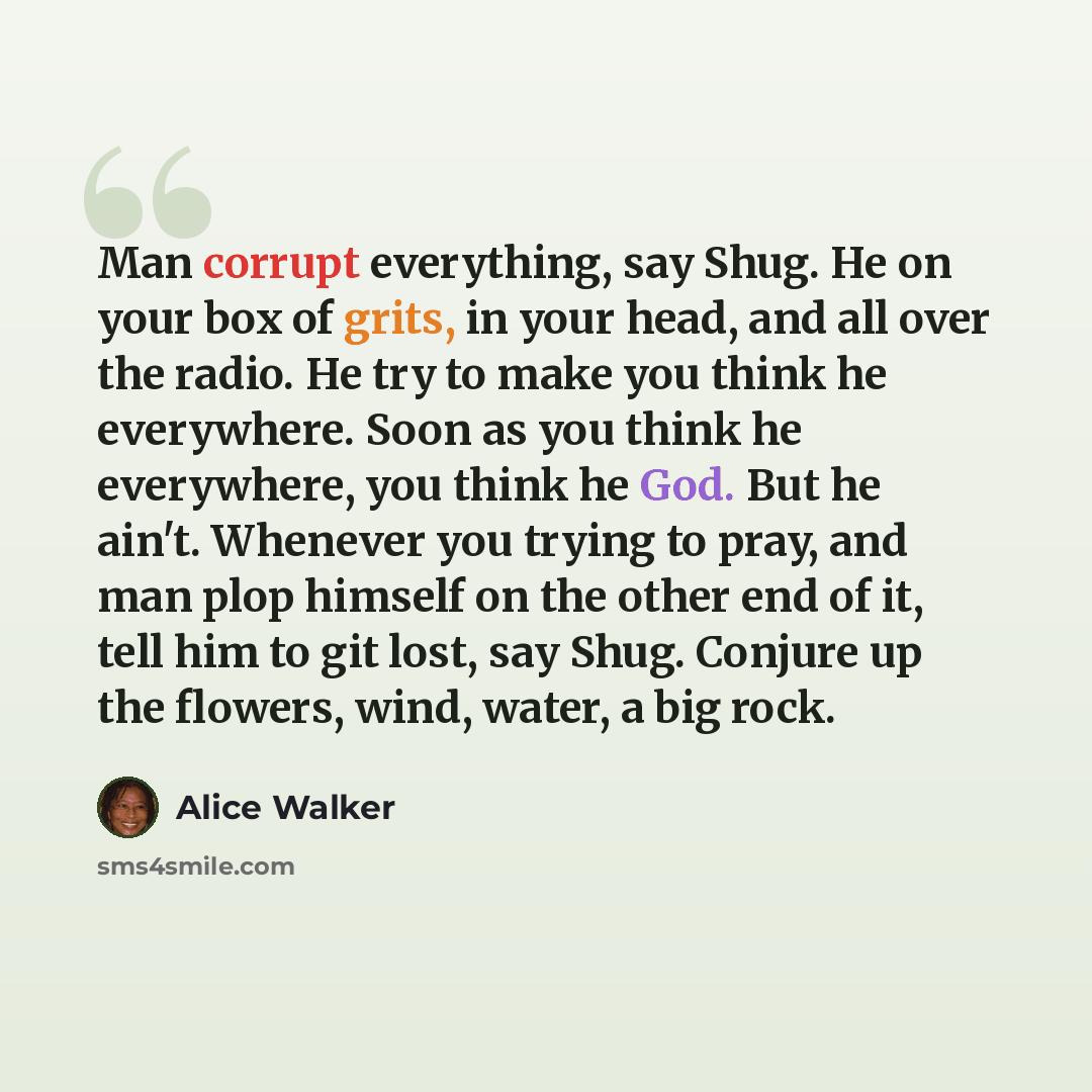 “Man corrupt everything, say Shug. He on your box of grits, in your head, and all over the radio. He try to make you think he everywhere. Soon as you think he everywhere, you think he God. But he ain't. Whenever you trying to pray, and man plop himself on the other end of it, tell him to git lost…” quote by Alice Walker