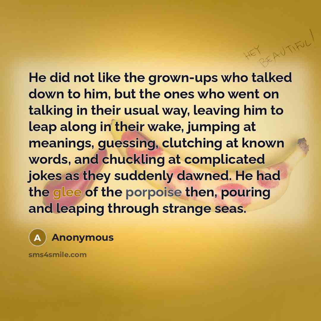 “He did not like the grown-ups who talked down to him, but the ones who went on talking in their usual way, leaving him to leap along in their wake, jumping at meanings, guessing, clutching at known words, and chuckling at complicated jokes as they suddenly dawned. He had the glee of the porpoise…” quote by Anonymous