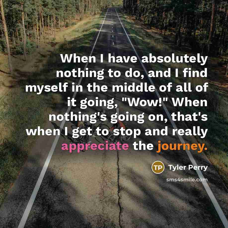 “When I have absolutely nothing to do, and I find myself in the middle of all of it going, "Wow!" When nothing's going on, that's when I get to stop and really appreciate the journey.” quote by Tyler Perry