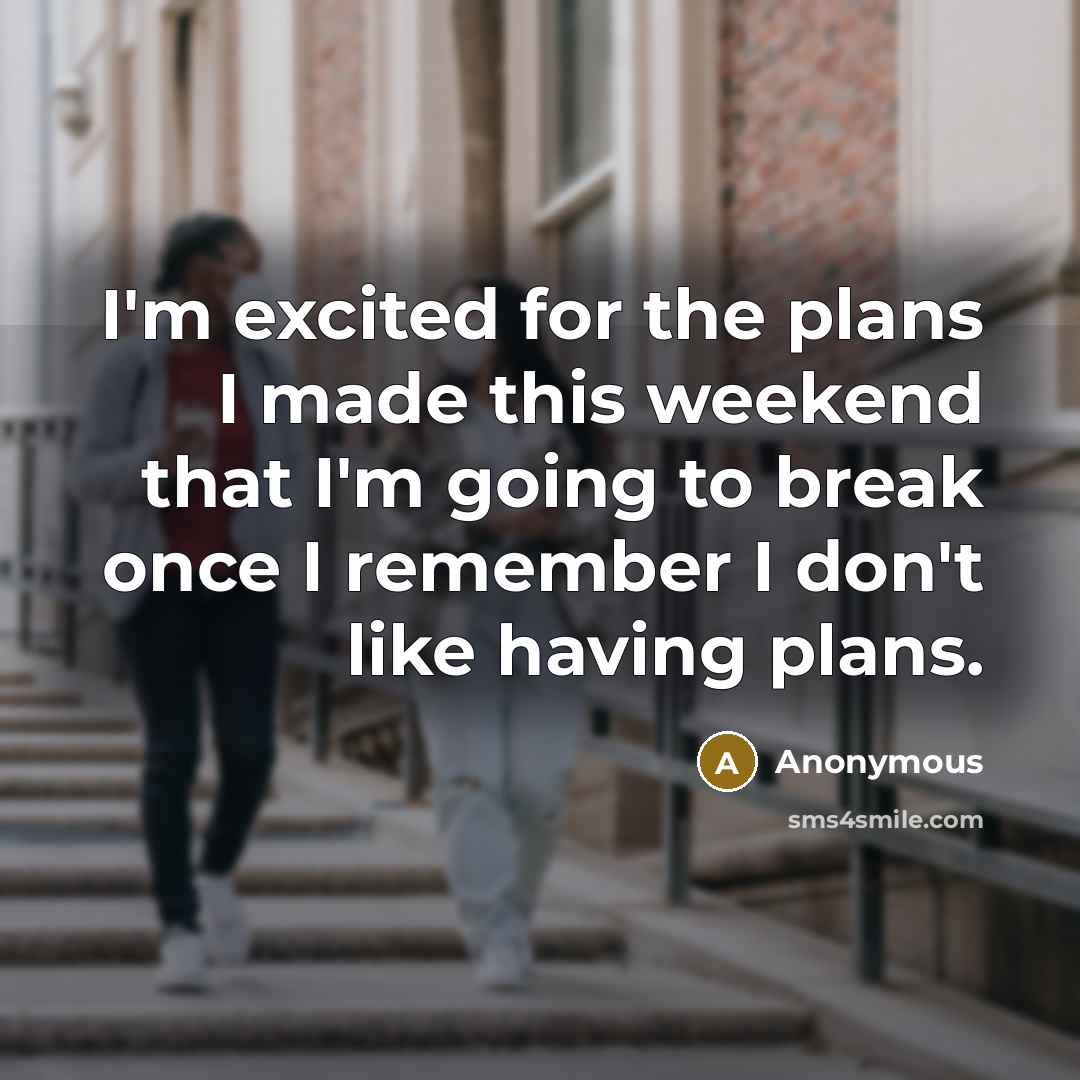 “I'm excited for the plans I made this weekend that I'm going to break once I remember I don't like having plans.” quote by Anonymous
