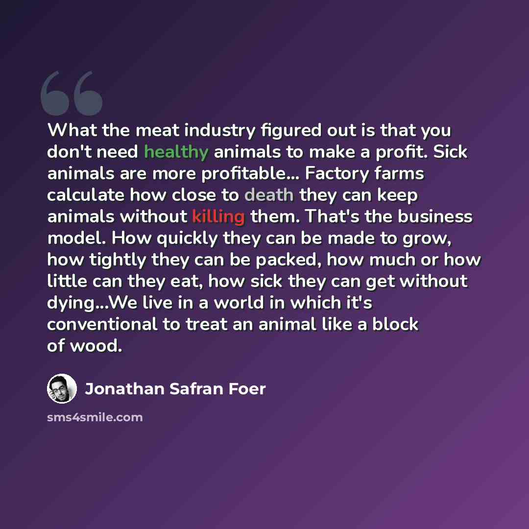 “What the meat industry figured out is that you don't need healthy animals to make a profit. Sick animals are more profitable... Factory farms calculate how close to death they can keep animals without killing them. That's the business model. How quickly they can be made to grow, how tightly they…” quote by Jonathan Safran Foer