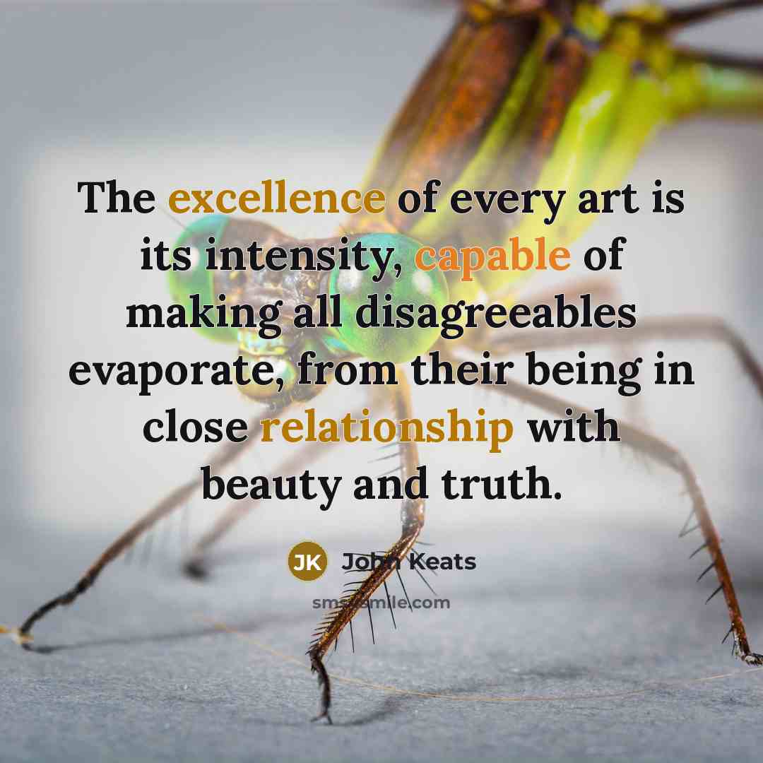 “The excellence of every art is its intensity, capable of making all disagreeables evaporate, from their being in close relationship with beauty and truth.” quote by John Keats
