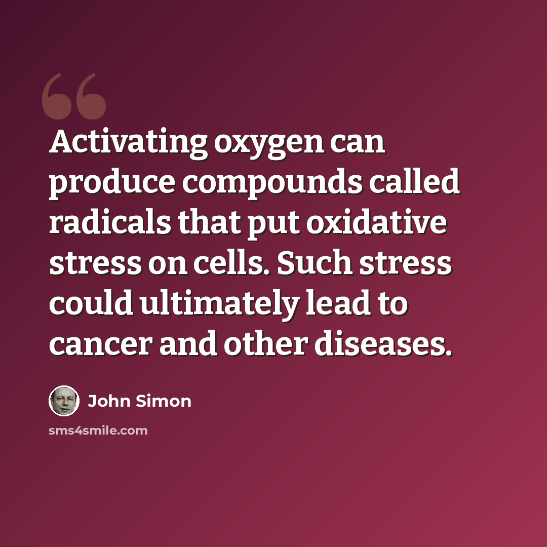 “Activating oxygen can produce compounds called radicals that put oxidative stress on cells. Such stress could ultimately lead to cancer and other diseases.” quote by John Simon