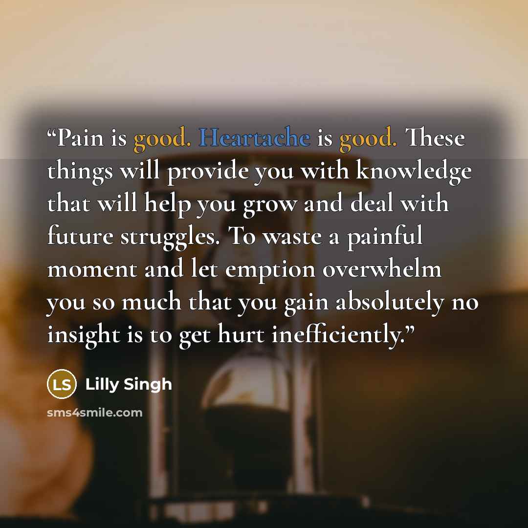 “Pain is good. Heartache is good. These things will provide you with knowledge that will help you grow and deal with future struggles. To waste a painful moment and let emption overwhelm you so much that you gain absolutely no insight is to get hurt inefficiently.” quote by Lilly Singh