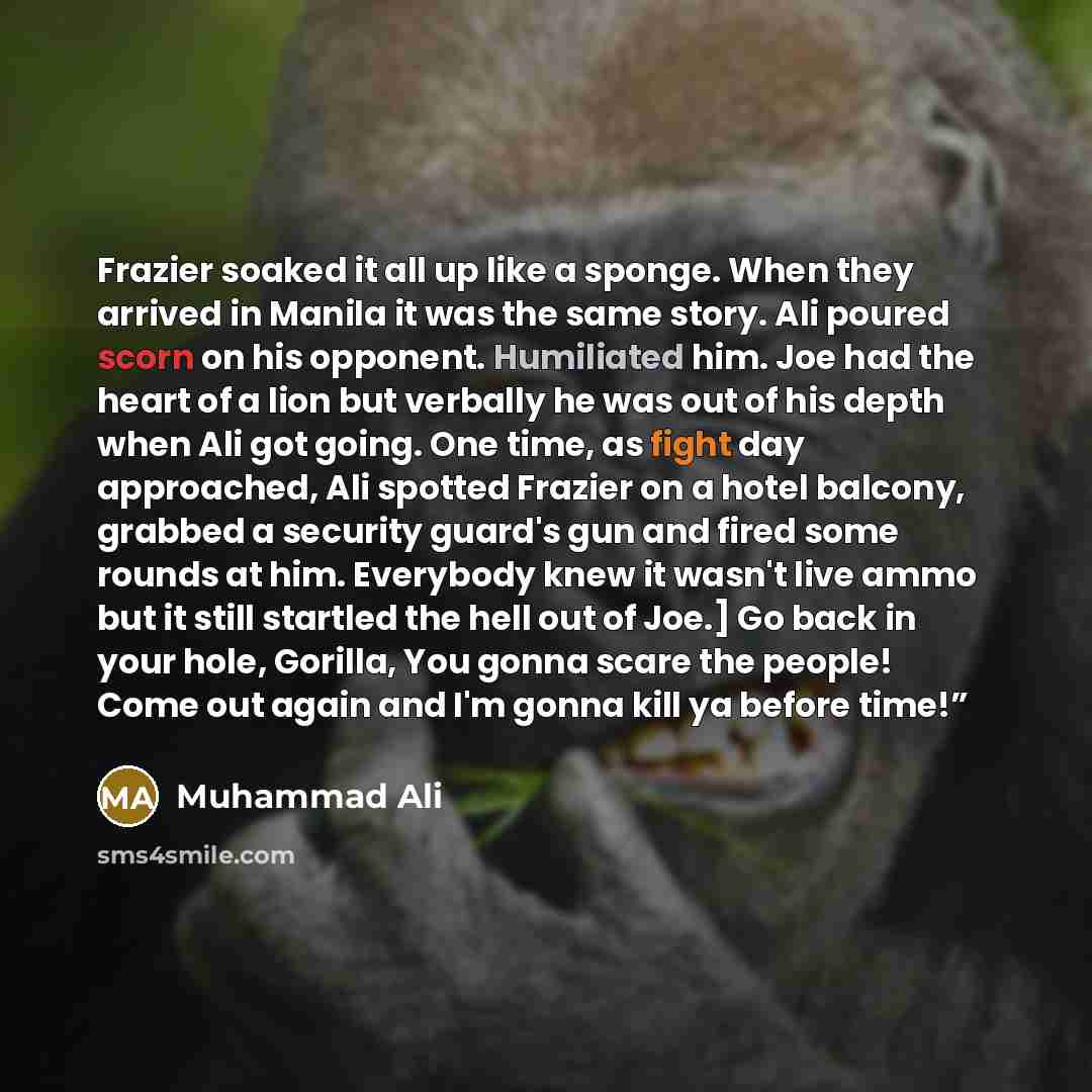 “Frazier soaked it all up like a sponge. When they arrived in Manila it was the same story. Ali poured scorn on his opponent. Humiliated him. Joe had the heart of a lion but verbally he was out of his depth when Ali got going. One time, as fight day approached, Ali spotted Frazier on a hotel…” quote by Muhammad Ali