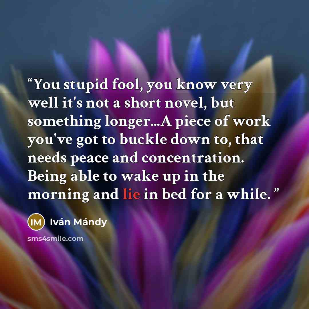 “You stupid fool, you know very well it's not a short novel, but something longer...A piece of work you've got to buckle down to, that needs peace and concentration. Being able to wake up in the morning and lie in bed for a while.” quote by Iván Mándy