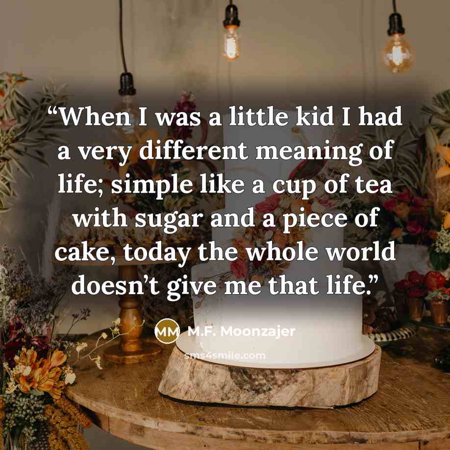 “When I was a little kid I had a very different meaning of life; simple like a cup of tea with sugar and a piece of cake, today the whole world doesn’t give me that life.” quote by M.F. Moonzajer