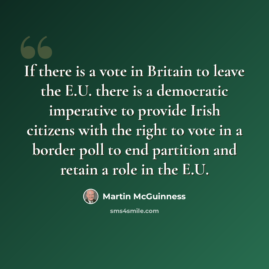 “If there is a vote in Britain to leave the E.U. there is a democratic imperative to provide Irish citizens with the right to vote in a border poll to end partition and retain a role in the E.U.” quote by Martin McGuinness