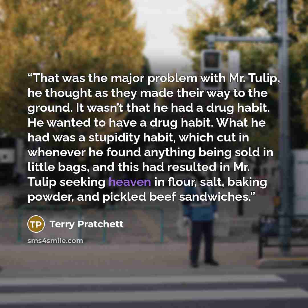 “That was the major problem with Mr. Tulip, he thought as they made their way to the ground. It wasn’t that he had a drug habit. He wanted to have a drug habit. What he had was a stupidity habit, which cut in whenever he found anything being sold in little bags, and this had resulted in Mr. Tulip…” quote by Terry Pratchett