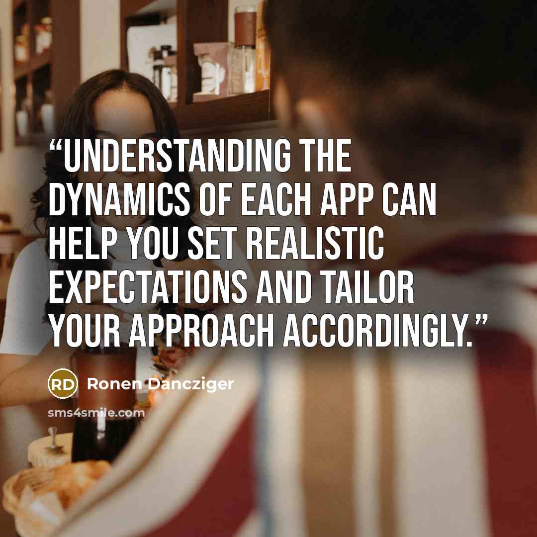 “Understanding the dynamics of each app can help you set realistic expectations and tailor your approach accordingly.” quote by Ronen Dancziger