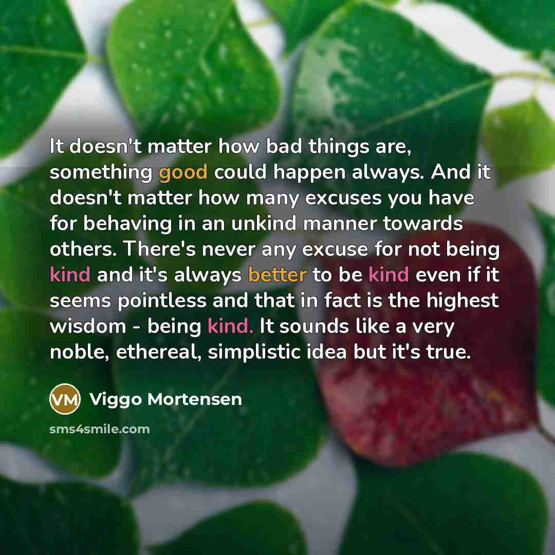 “It doesn't matter how bad things are, something good could happen always. And it doesn't matter how many excuses you have for behaving in an unkind manner towards others. There's never any excuse for not being kind and it's always better to be kind even if it seems pointless and that in fact is…” quote by Viggo Mortensen