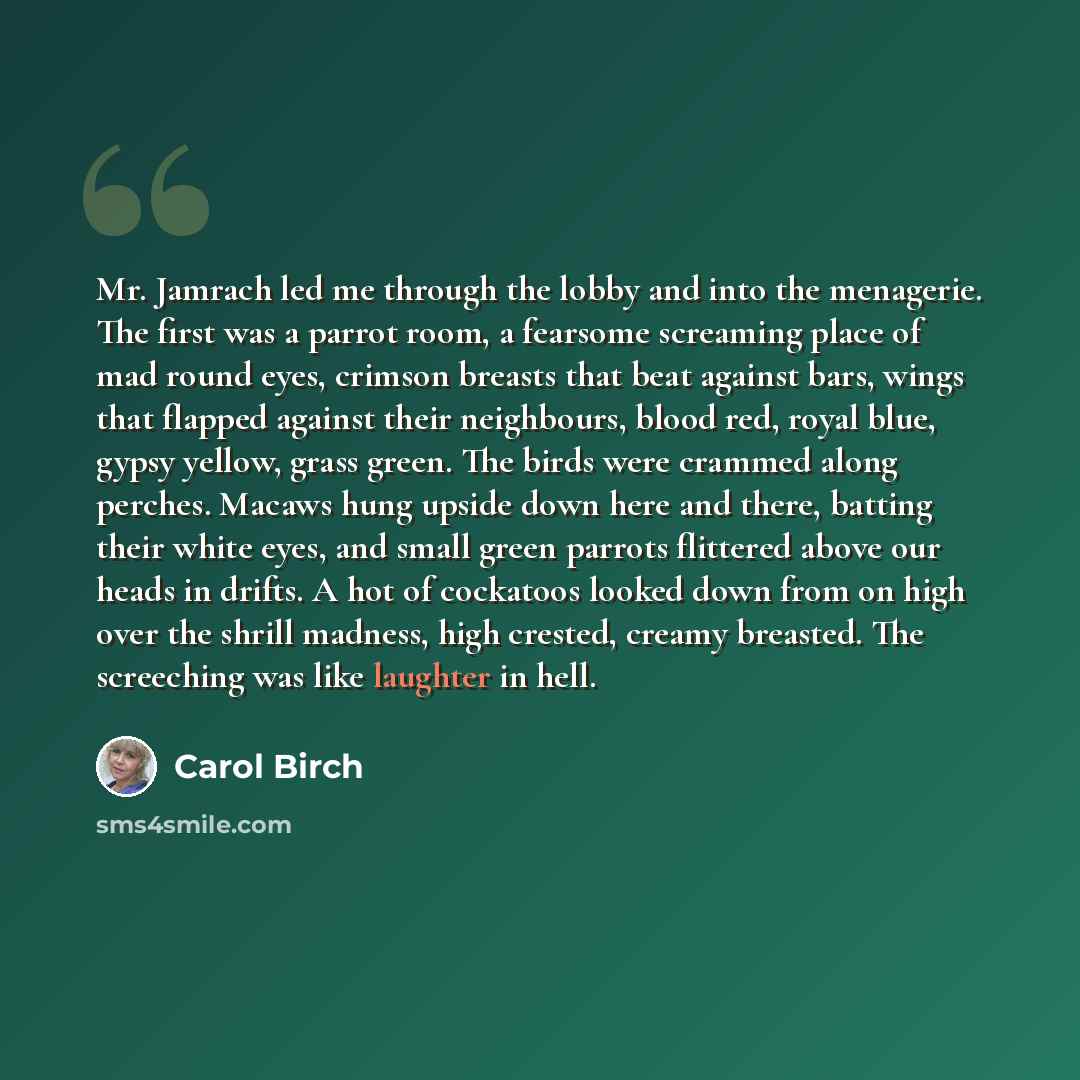 “Mr. Jamrach led me through the lobby and into the menagerie. The first was a parrot room, a fearsome screaming place of mad round eyes, crimson breasts that beat against bars, wings that flapped against their neighbours, blood red, royal blue, gypsy yellow, grass green. The birds were crammed…” quote by Carol Birch
