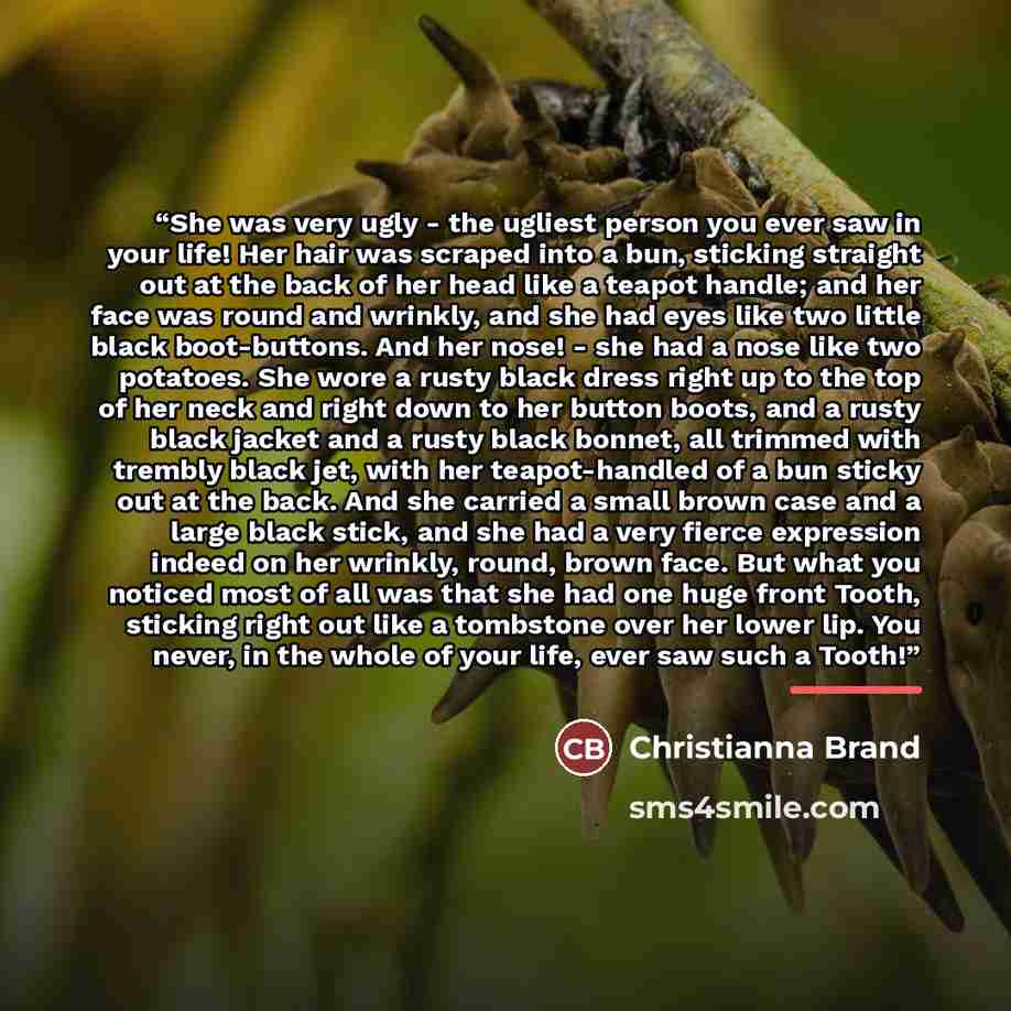 “She was very ugly - the ugliest person you ever saw in your life! Her hair was scraped into a bun, sticking straight out at the back of her head like a teapot handle; and her face was round and wrinkly, and she had eyes like two little black boot-buttons. And her nose! - she had a nose like two…” quote by Christianna Brand
