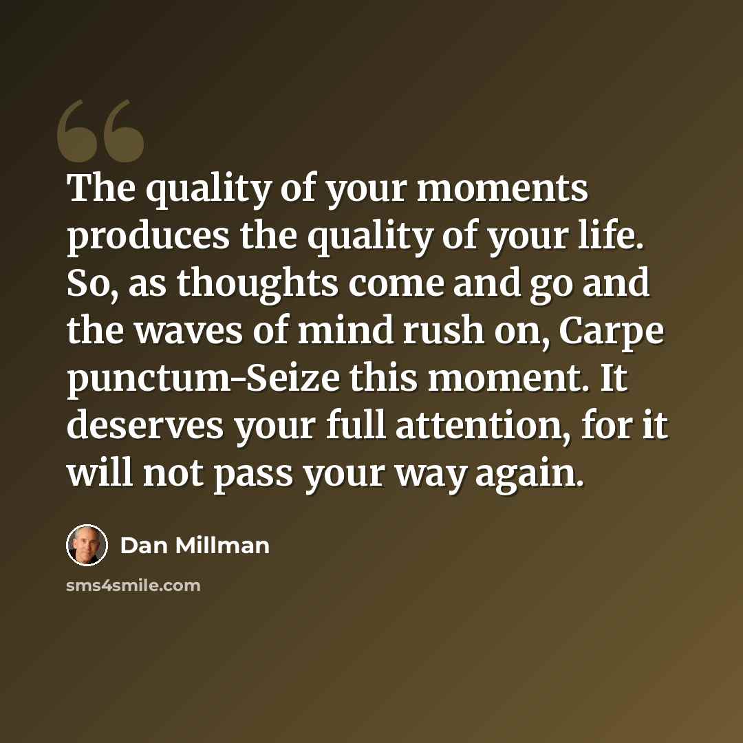 “The quality of your moments produces the quality of your life. So, as thoughts come and go and the waves of mind rush on, Carpe punctum-Seize this moment. It deserves your full attention, for it will not pass your way again.” quote by Dan Millman