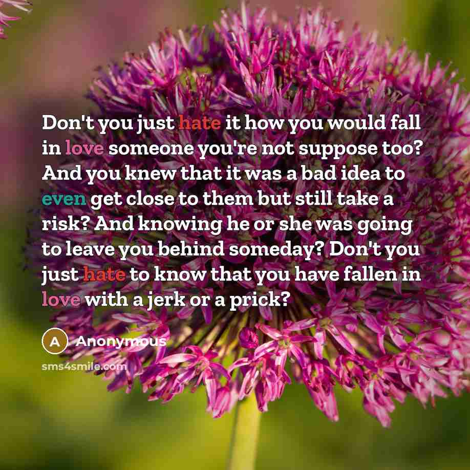 “Don't you just hate it how you would fall in love someone you're not suppose too? And you knew that it was a bad idea to even get close to them but still take a risk? And knowing he or she was going to leave you behind someday? Don't you just hate to know that you have fallen in love with a jerk…” quote by Anonymous