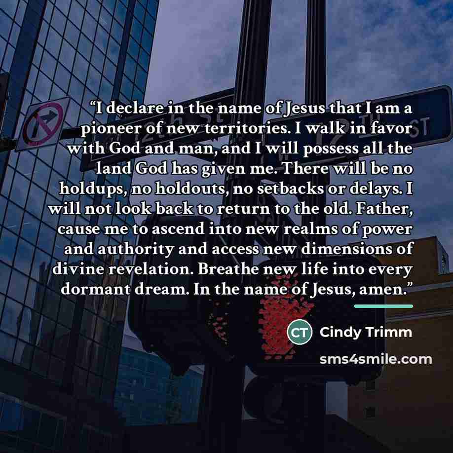 “I declare in the name of Jesus that I am a pioneer of new territories. I walk in favor with God and man, and I will possess all the land God has given me. There will be no holdups, no holdouts, no setbacks or delays. I will not look back to return to the old. Father, cause me to ascend into new…” quote by Cindy Trimm