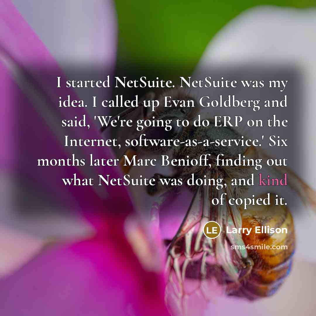“I started NetSuite. NetSuite was my idea. I called up Evan Goldberg and said, 'We're going to do ERP on the Internet, software-as-a-service.' Six months later Marc Benioff, finding out what NetSuite was doing, and kind of copied it.” quote by Larry Ellison