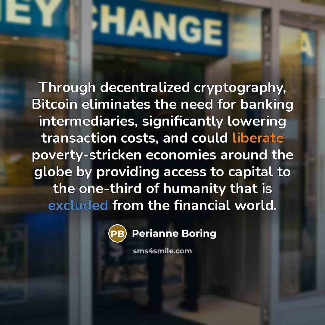 “Through decentralized cryptography, Bitcoin eliminates the need for banking intermediaries, significantly lowering transaction costs, and could liberate poverty-stricken economies around the globe by providing access to capital to the one-third of humanity that is excluded from the financial world.” quote by Perianne Boring