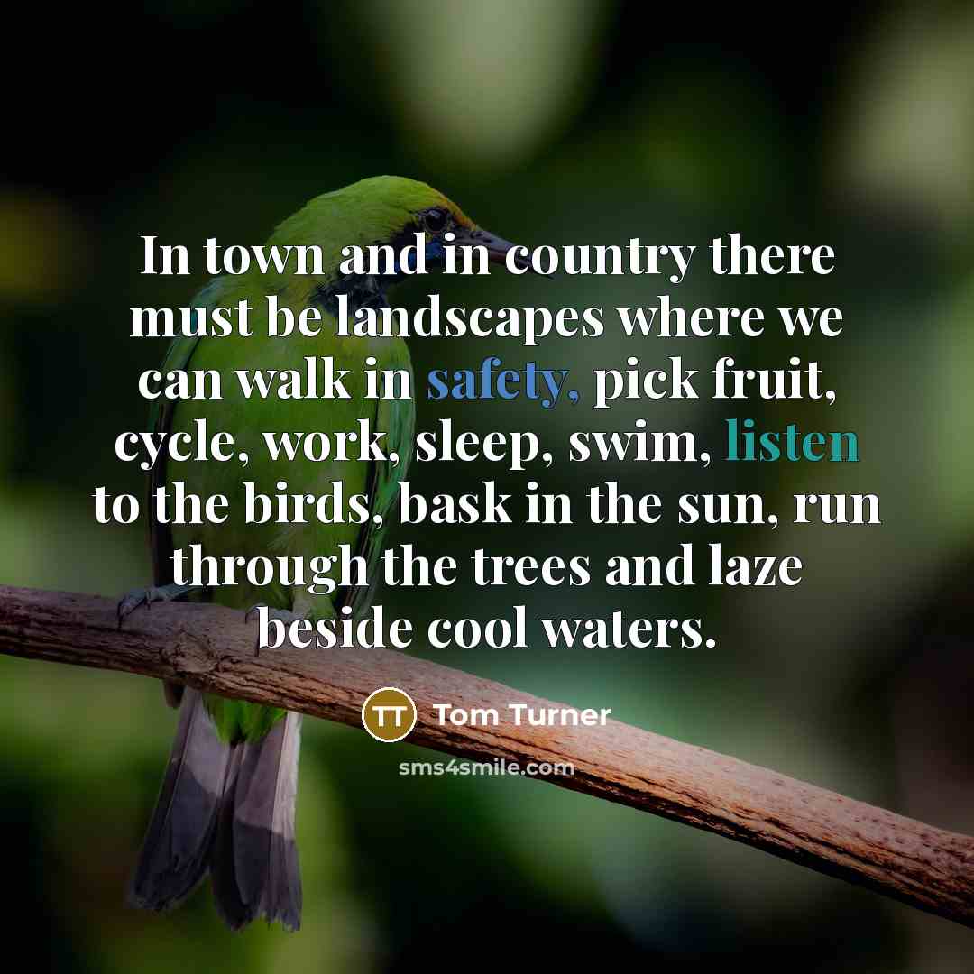 “In town and in country there must be landscapes where we can walk in safety, pick fruit, cycle, work, sleep, swim, listen to the birds, bask in the sun, run through the trees and laze beside cool waters.” quote by Tom Turner