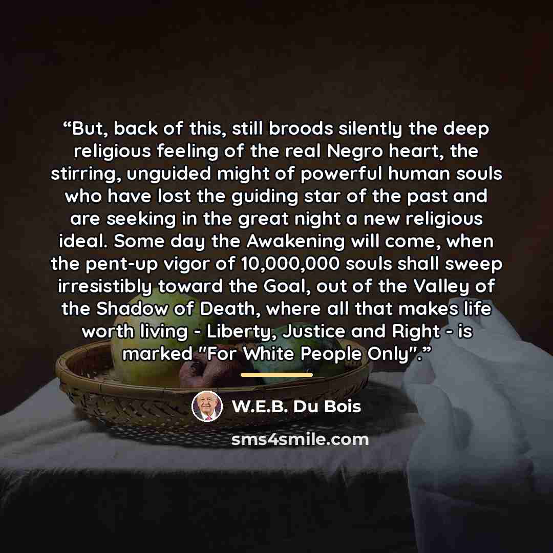 “But, back of this, still broods silently the deep religious feeling of the real Negro heart, the stirring, unguided might of powerful human souls who have lost the guiding star of the past and are seeking in the great night a new religious ideal. Some day the Awakening will come, when the pent-up…” quote by W.E.B. Du Bois