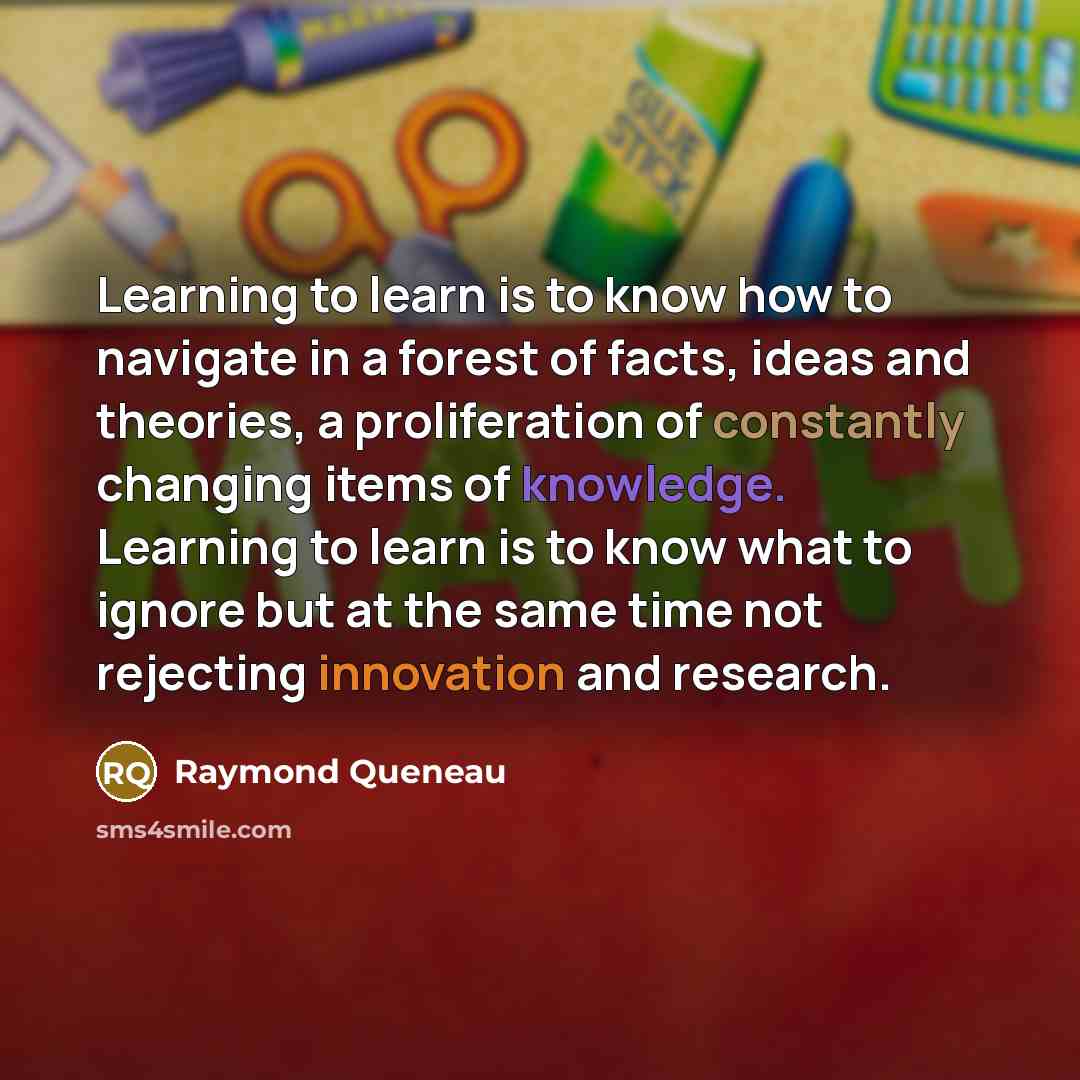 “Learning to learn is to know how to navigate in a forest of facts, ideas and theories, a proliferation of constantly changing items of knowledge. Learning to learn is to know what to ignore but at the same time not rejecting innovation and research.” quote by Raymond Queneau