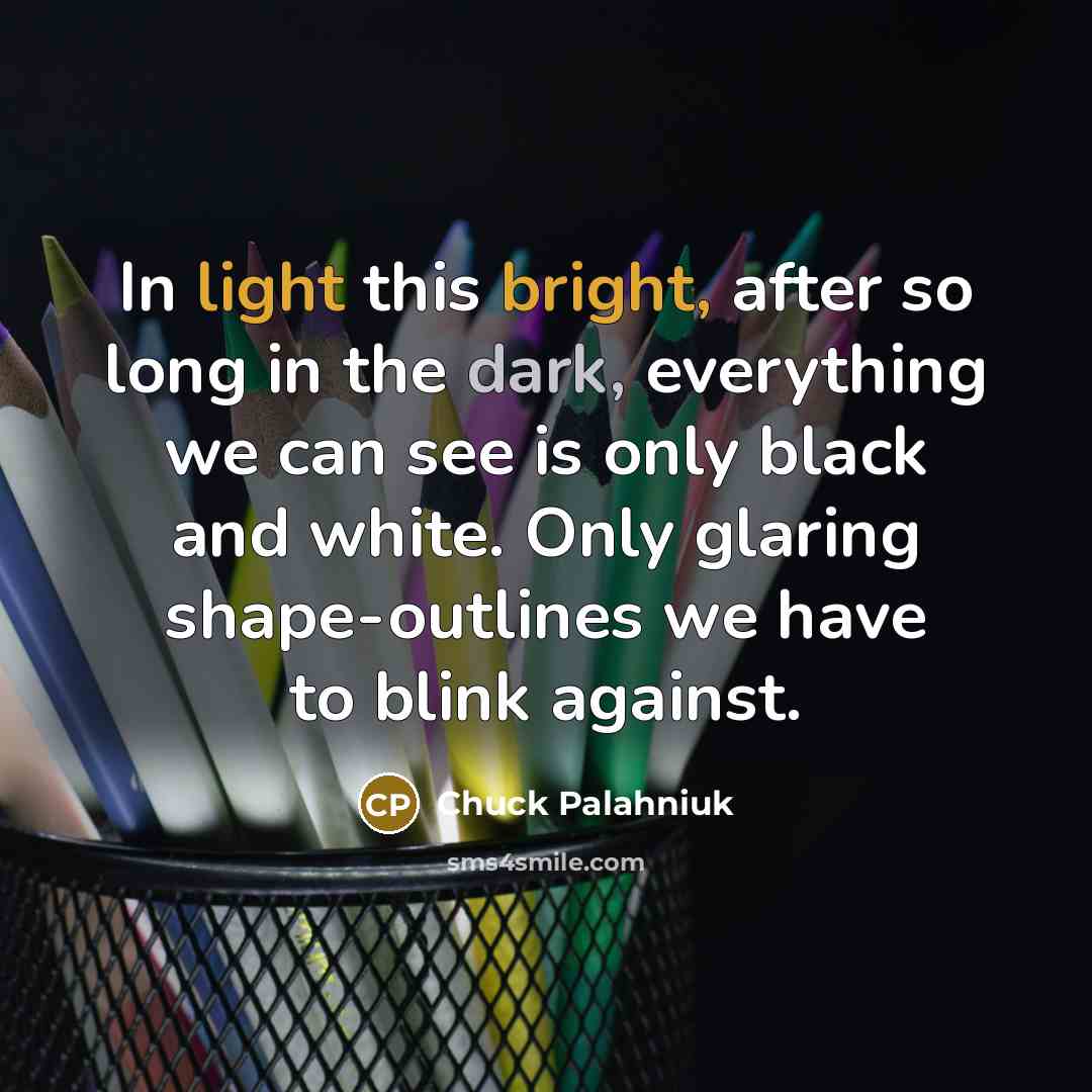 “In light this bright, after so long in the dark, everything we can see is only black and white. Only glaring shape-outlines we have to blink against.” quote by Chuck Palahniuk