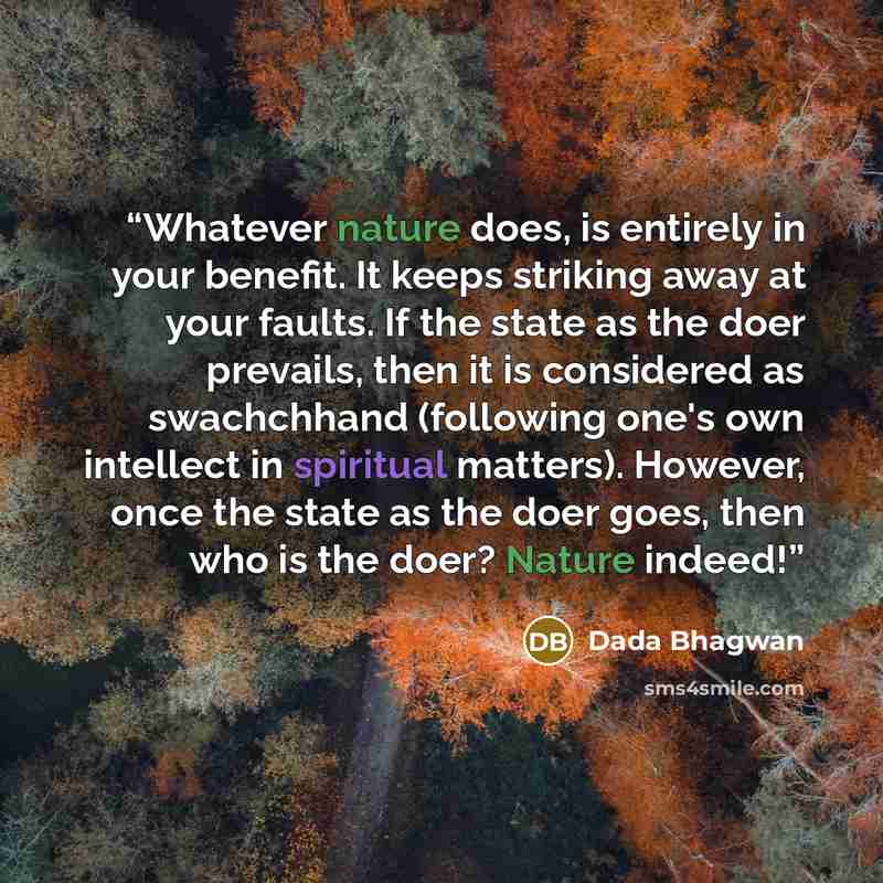 “Whatever nature does, is entirely in your benefit. It keeps striking away at your faults. If the state as the doer prevails, then it is considered as swachchhand (following one's own intellect in spiritual matters). However, once the state as the doer goes, then who is the doer? Nature indeed!” quote by Dada Bhagwan
