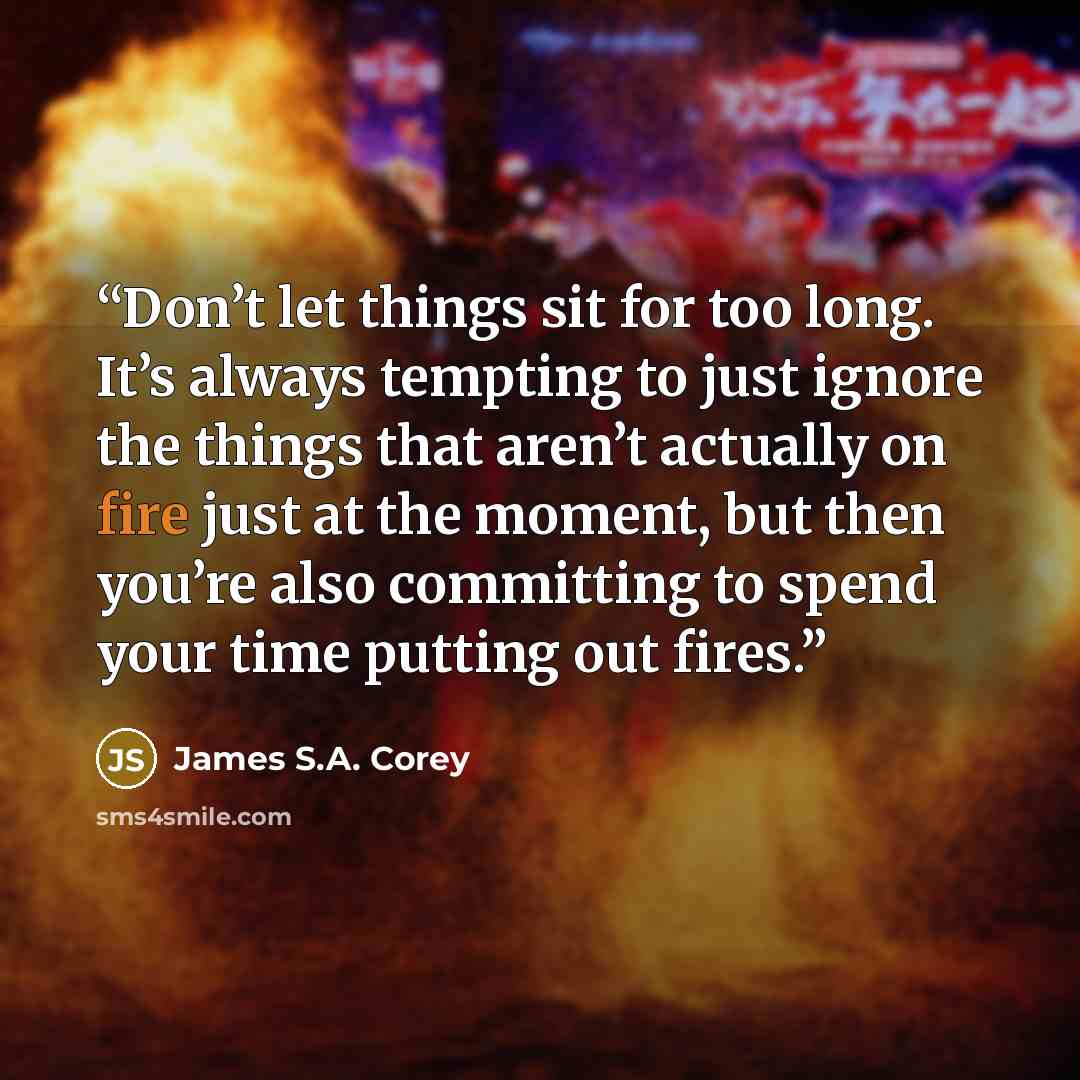 “Don’t let things sit for too long. It’s always tempting to just ignore the things that aren’t actually on fire just at the moment, but then you’re also committing to spend your time putting out fires.” quote by James S.A. Corey