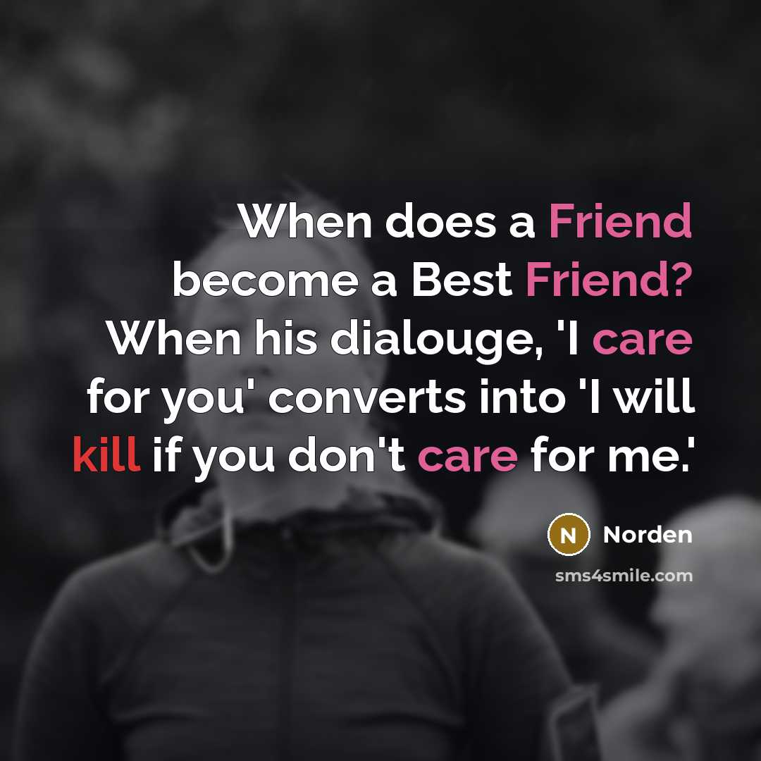 “When does a Friend become a Best Friend? When his dialouge, 'I care for you' converts into 'I will kill if you don't care for me.'” quote by Norden