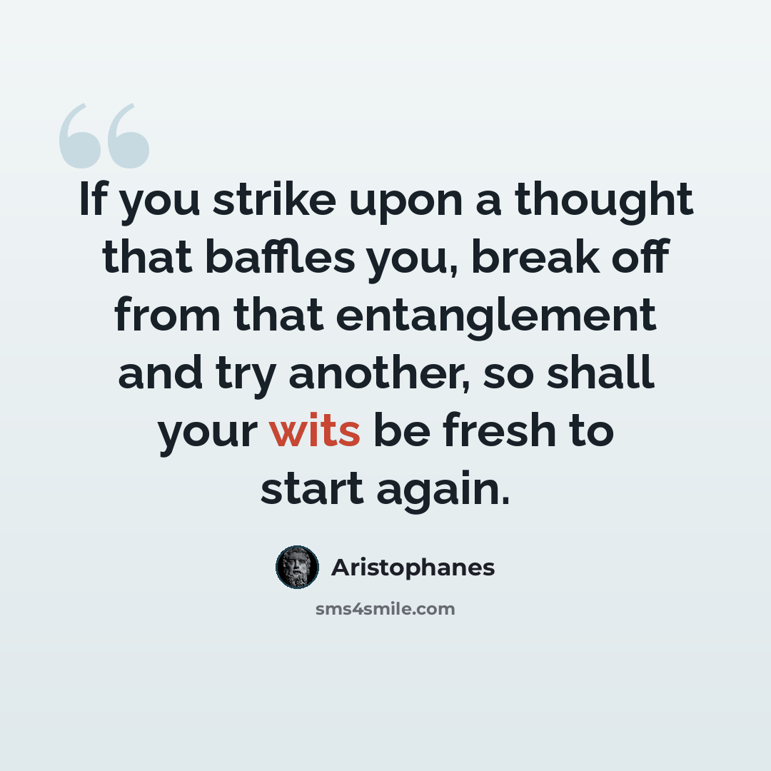 “If you strike upon a thought that baffles you, break off from that entanglement and try another, so shall your wits be fresh to start again.” quote by Aristophanes