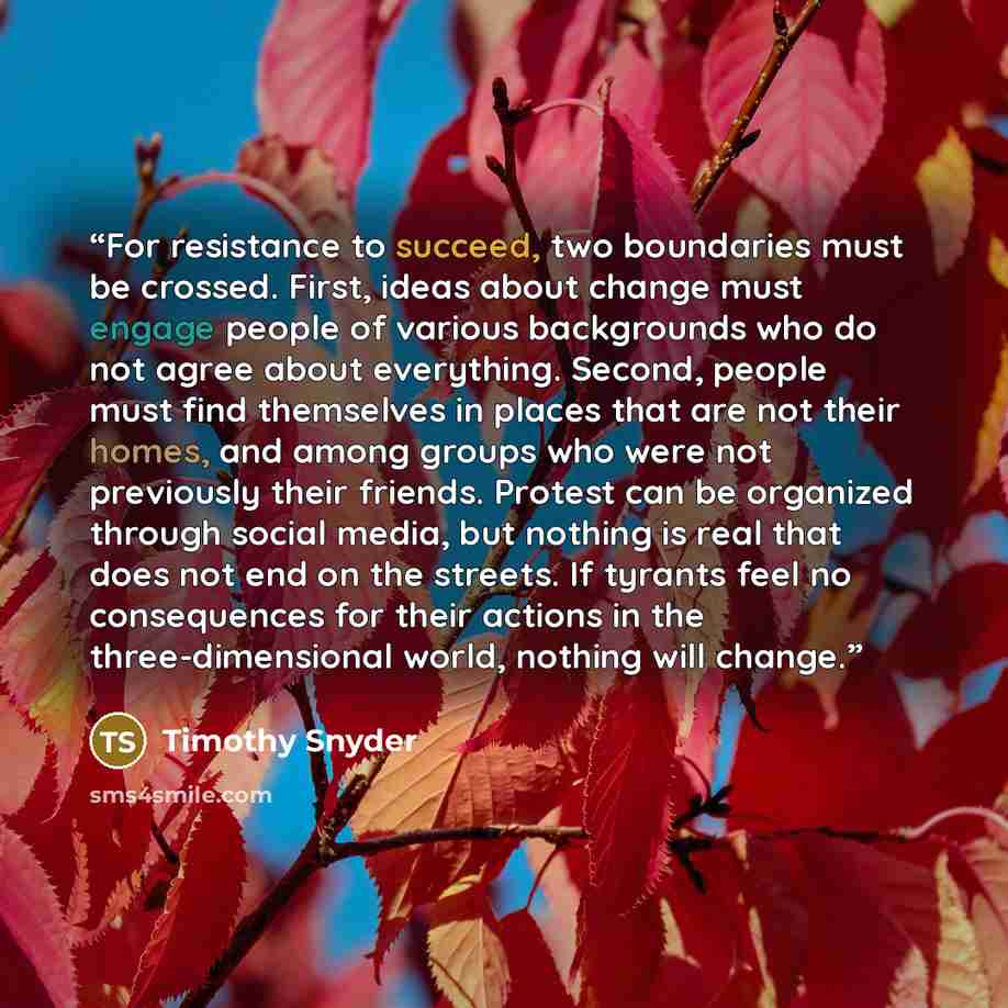“For resistance to succeed, two boundaries must be crossed. First, ideas about change must engage people of various backgrounds who do not agree about everything. Second, people must find themselves in places that are not their homes, and among groups who were not previously their friends. Protest…” quote by Timothy Snyder