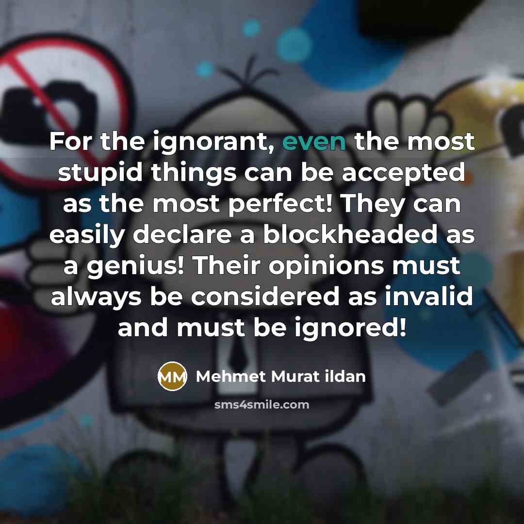 “For the ignorant, even the most stupid things can be accepted as the most perfect! They can easily declare a blockheaded as a genius! Their opinions must always be considered as invalid and must be ignored!” quote by Mehmet Murat Ildan