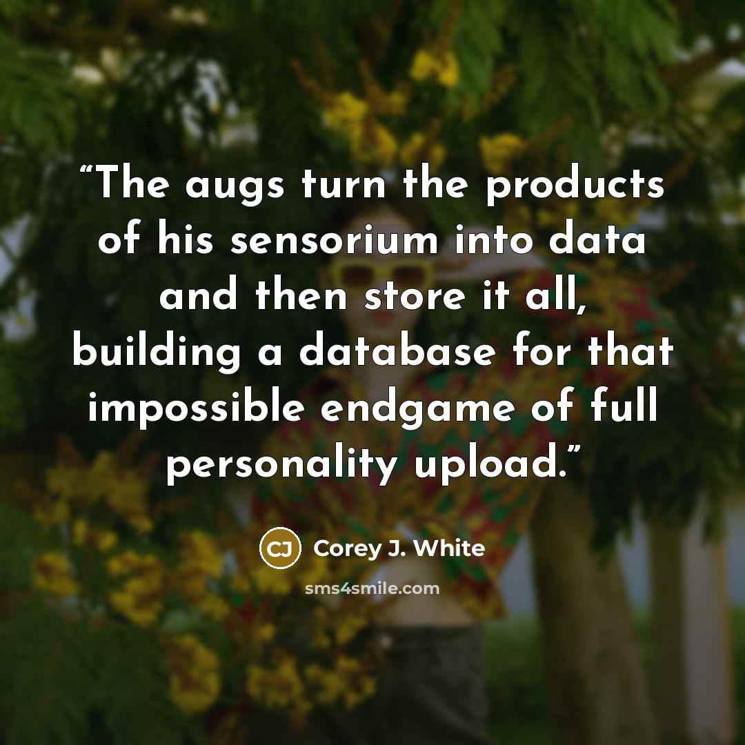 “The augs turn the products of his sensorium into data and then store it all, building a database for that impossible endgame of full personality upload.” quote by Corey J. White