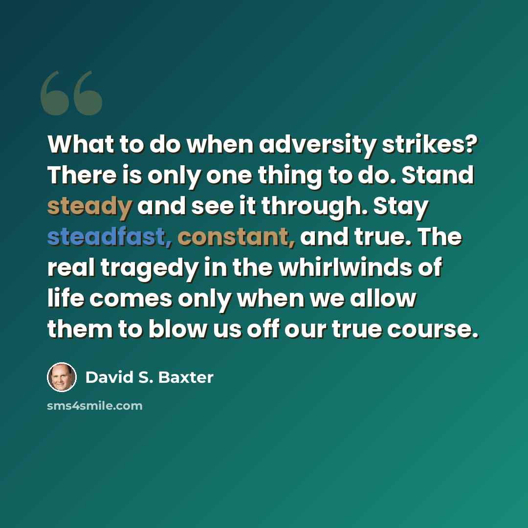 “What to do when adversity strikes? There is only one thing to do. Stand steady and see it through. Stay steadfast, constant, and true. The real tragedy in the whirlwinds of life comes only when we allow them to blow us off our true course.” quote by David S. Baxter