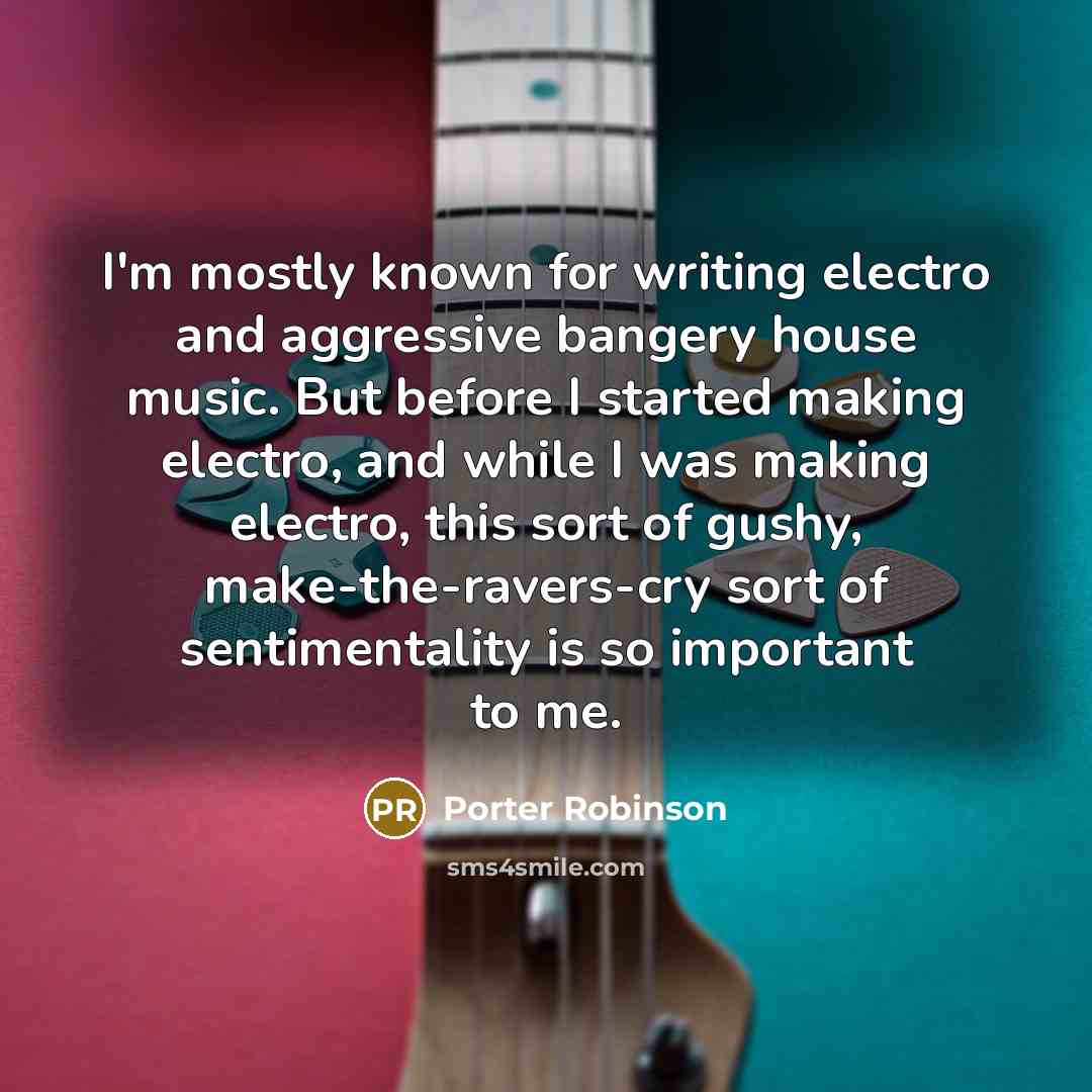 “I'm mostly known for writing electro and aggressive bangery house music. But before I started making electro, and while I was making electro, this sort of gushy, make-the-ravers-cry sort of sentimentality is so important to me.” quote by Porter Robinson