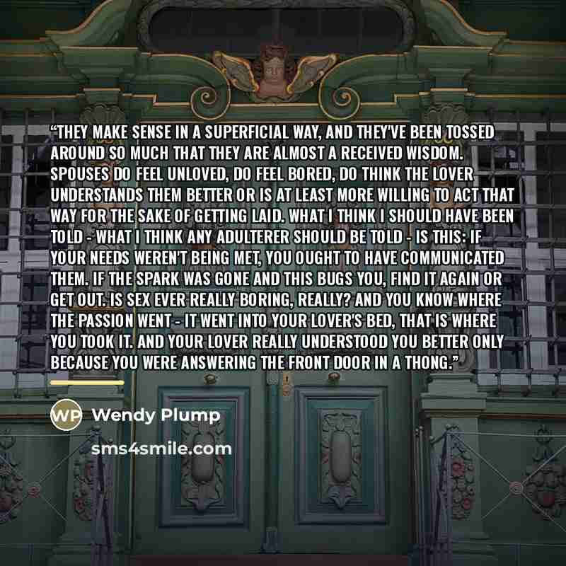 “They make sense in a superficial way, and they've been tossed around so much that they are almost a received wisdom. Spouses do feel unloved, do feel bored, do think the lover understands them better or is at least more willing to act that way for the sake of getting laid. What I think I should…” quote by Wendy Plump