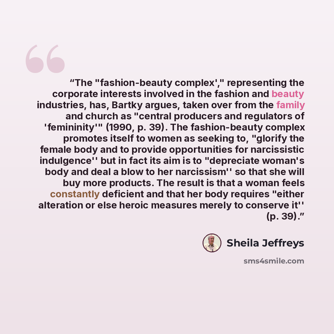 “The "fashion-beauty complex'," representing the corporate interests involved in the fashion and beauty industries, has, Bartky argues, taken over from the family and church as "central producers and regulators of 'femininity'" (1990, p. 39). The fashion-beauty complex promotes itself to women as…” quote by Sheila Jeffreys