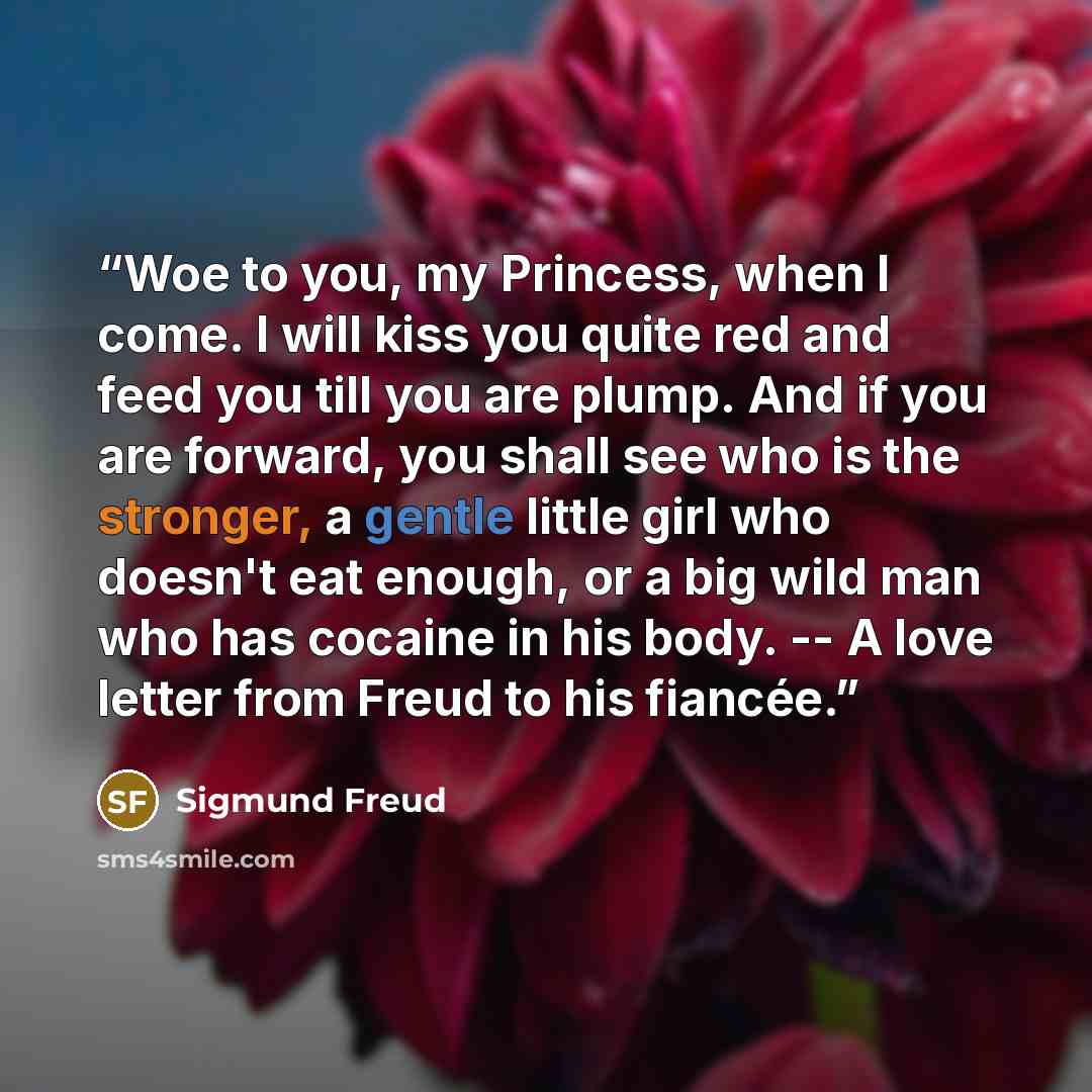 “Woe to you, my Princess, when I come. I will kiss you quite red and feed you till you are plump. And if you are forward, you shall see who is the stronger, a gentle little girl who doesn't eat enough, or a big wild man who has cocaine in his body. -- A love letter from Freud to his fiancée.” quote by Sigmund Freud