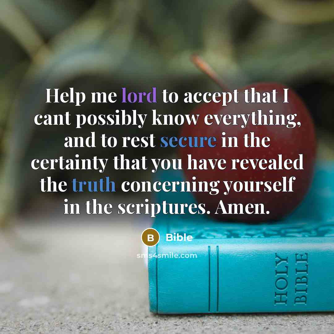 “Help me lord to accept that I cant possibly know everything, and to rest secure in the certainty that you have revealed the truth concerning yourself in the scriptures. Amen.” quote by Bible