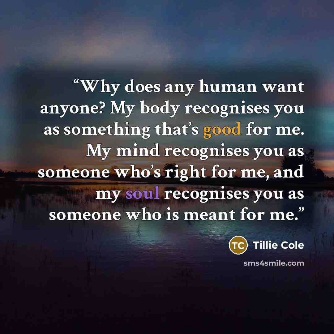 “Why does any human want anyone? My body recognises you as something that’s good for me. My mind recognises you as someone who’s right for me, and my soul recognises you as someone who is meant for me.” quote by Tillie Cole