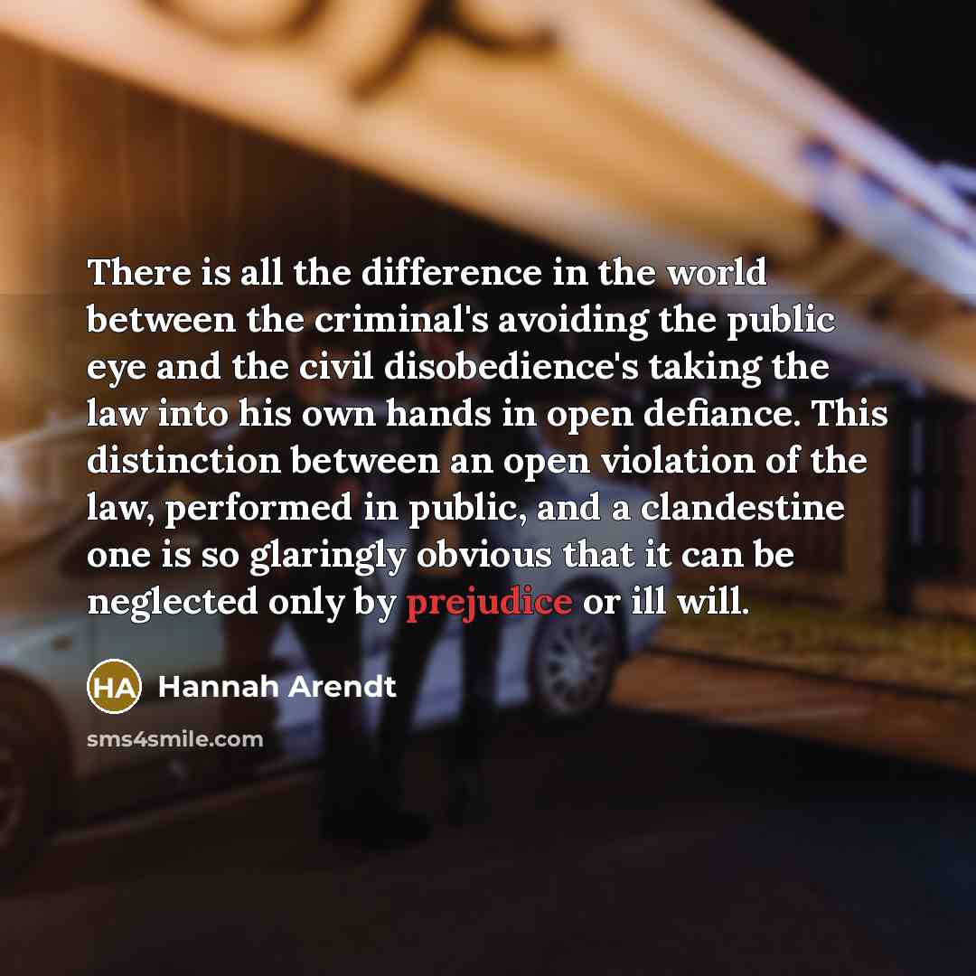 “There is all the difference in the world between the criminal's avoiding the public eye and the civil disobedience's taking the law into his own hands in open defiance. This distinction between an open violation of the law, performed in public, and a clandestine one is so glaringly obvious that it…” quote by Hannah Arendt