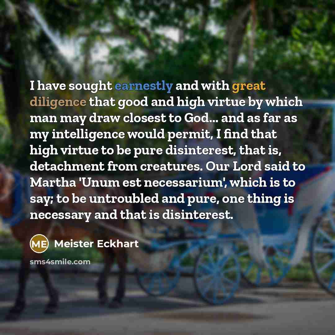 “I have sought earnestly and with great diligence that good and high virtue by which man may draw closest to God... and as far as my intelligence would permit, I find that high virtue to be pure disinterest, that is, detachment from creatures. Our Lord said to Martha 'Unum est necessarium', which…” quote by Meister Eckhart
