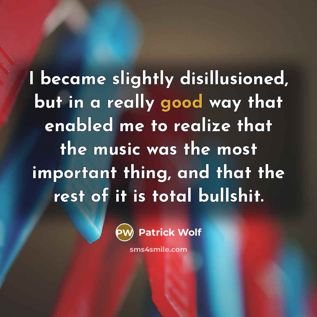“I became slightly disillusioned, but in a really good way that enabled me to realize that the music was the most important thing, and that the rest of it is total bullshit.” quote by Patrick Wolf