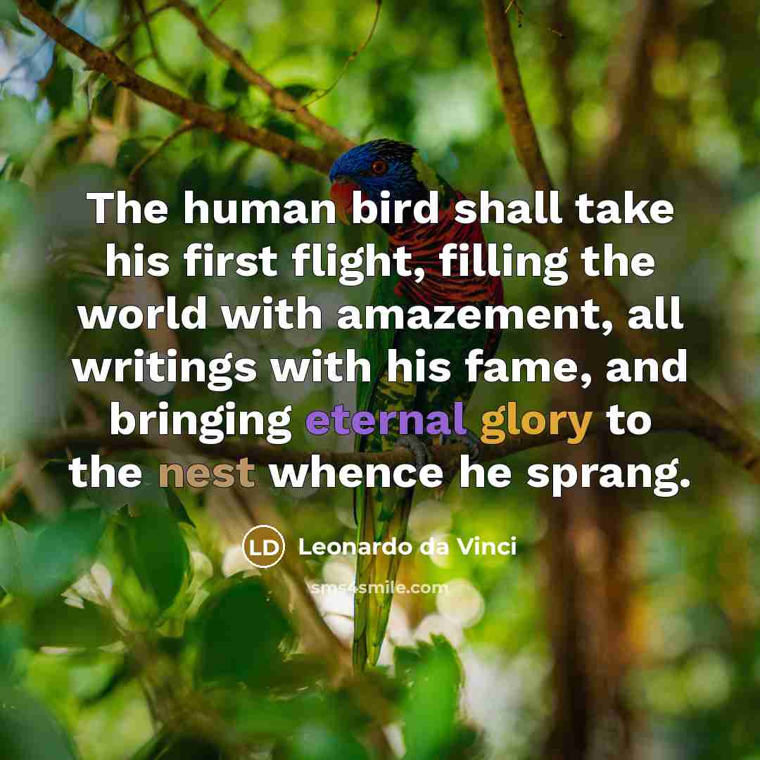 “The human bird shall take his first flight, filling the world with amazement, all writings with his fame, and bringing eternal glory to the nest whence he sprang.” quote by Leonardo da Vinci