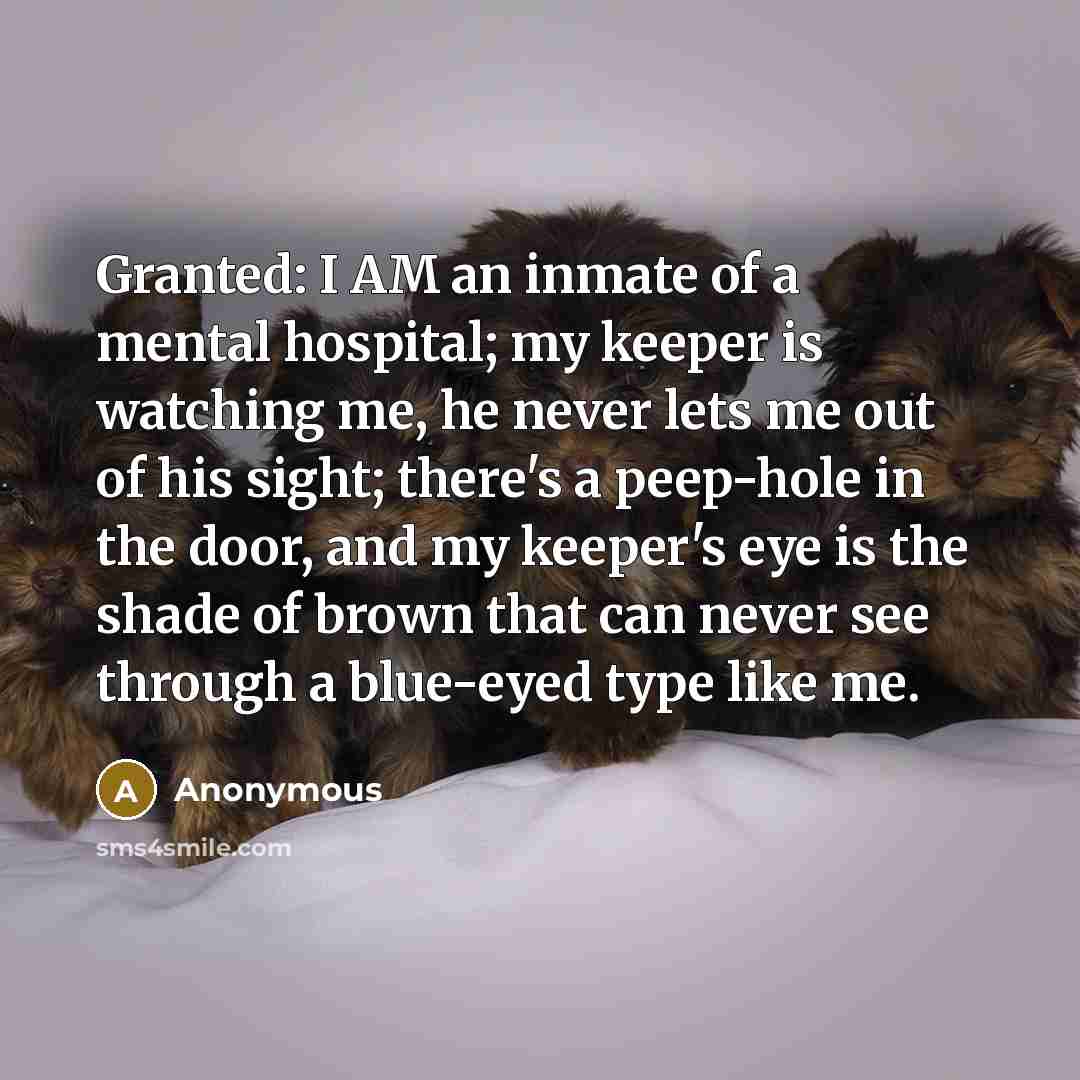 “Granted: I AM an inmate of a mental hospital; my keeper is watching me, he never lets me out of his sight; there's a peep-hole in the door, and my keeper's eye is the shade of brown that can never see through a blue-eyed type like me.” quote by Anonymous